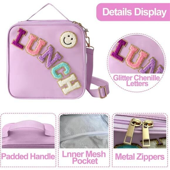 Insulated Lunch Bag Purple Nylon Tote Shoulder Strap Reusable for School Work - Picture 5 of 7